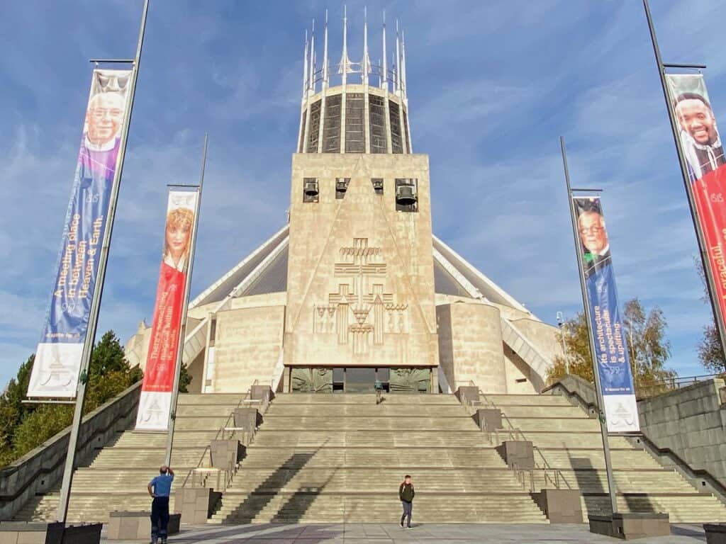 Outside the round metropolitan cathedral in liverpool